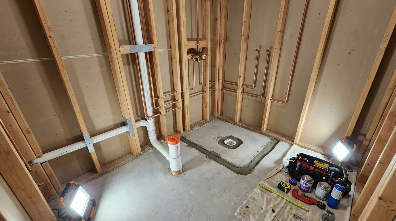 Bathroom rough-in plumbing during remodel by Johns Plumbing LLC in Encino
