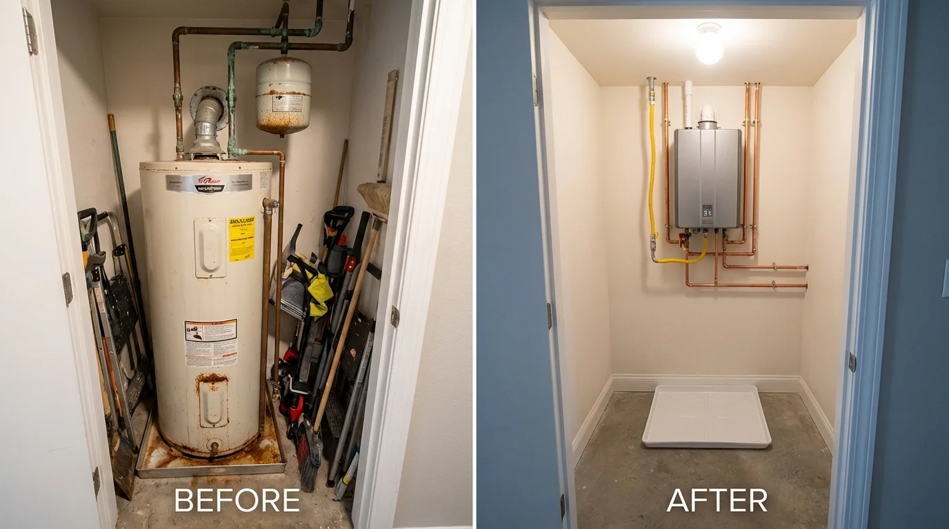 Tank water heater versus wall-mounted tankless unit comparison for Encino, CA homeowners