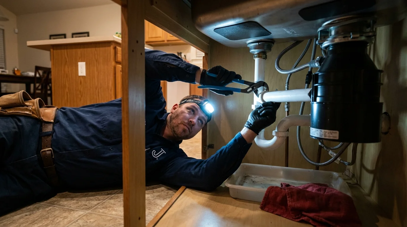 P-trap and supply line connections under a kitchen sink showing a common leak point in Encino, CA